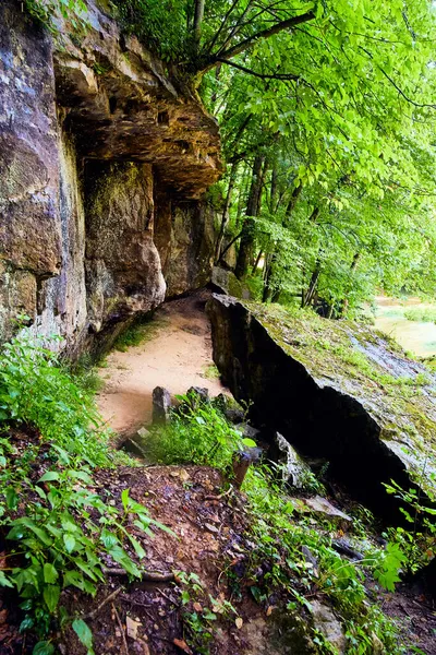 Sentier contre les gros rochers avec mousse et lichen en forêt — Photo