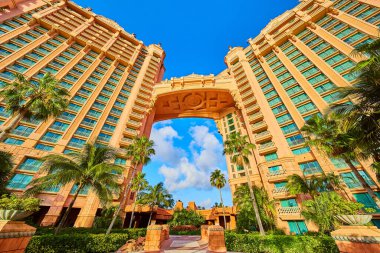 Palmiye ağaçları ve tatil köyü olan tropik mimari