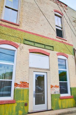 Arka sokakta beyaz, yeşil ve kırmızı tuğlalar var.