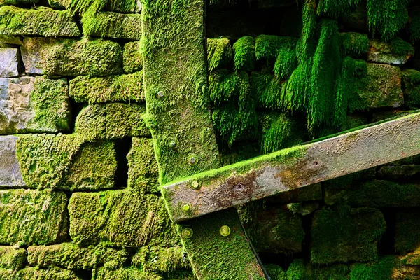 Деталь лезвия на водяном колесе для водяной мельницы с камнями и покрыты зеленым мхом — стоковое фото