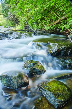 Küçük yeşil yosunlu kayaların üzerindeki pürüzsüz şelalelere dikey