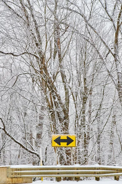 Árboles de invierno cubiertos de nieve en la carretera con doble flecha amarilla —  Fotos de Stock