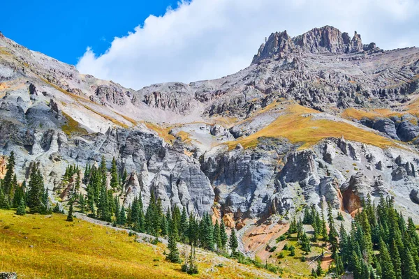 Berg met zuilen van grijze rots en scherpe toppen met dennenbomen aan de voet — Stockfoto