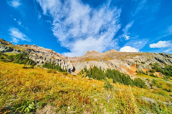 Berglandschap met gouden velden en gedurfde blauwe lucht — Stockfoto