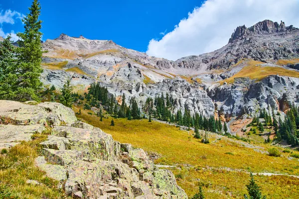 Lichen-overdekte rotsen met uitzicht op prachtige bergketen bedekt met grijze rotsen en pijnbomen — Stockfoto