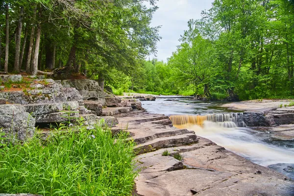 Utsikt över liten flod ravin i skogen med vattenfall — Stockfoto