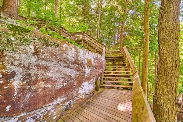Mur de lichen recouvert de roche à côté de trottoir et sentier escalier en bois — Photo
