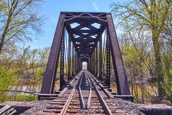 森の中の川を渡る金属列車の線路橋 — ストック写真