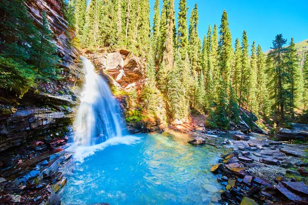 Majestosa e vibrante cachoeira azul sobre desfiladeiros em desfiladeiro com floresta de pinheiros — Fotografia de Stock