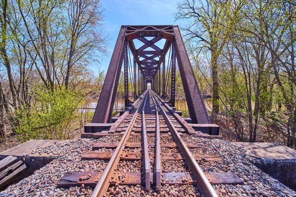 Vista sobre las vías de tren del puente para tren en el bosque —  Fotos de Stock