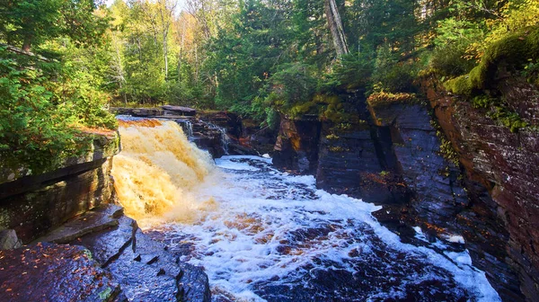 Blå älv med ett gyllene och brunt vattenfall i en liten kanjon med en skog på båda sidor — Stockfoto