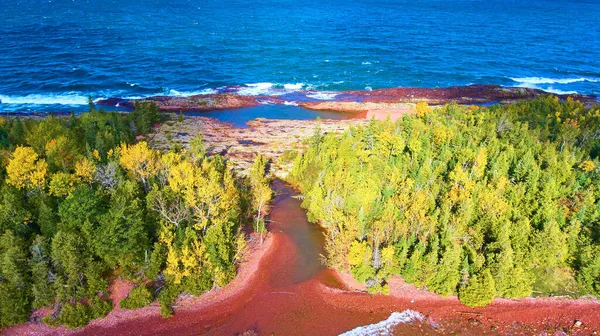 Czerwona woda z zielonym lasem, który prowadzi do ogromnego zbiornika wodnego, który może być jeziorem oceanicznym lub morzem — Zdjęcie stockowe