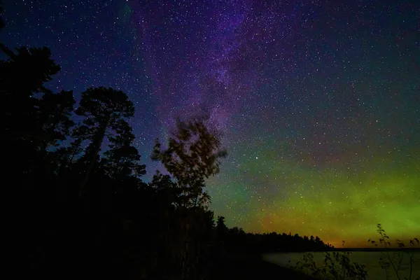 Mélykék és lila éjszakai ég vízzel és zöld és narancssárga fény aurora fények fa sziluettekkel — Stock Fotó