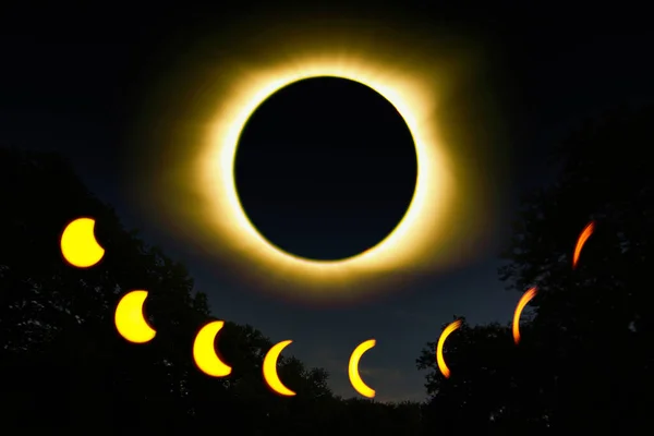 Total eclipse of the sun by the moon and all phases of the solar eclipse in yellow