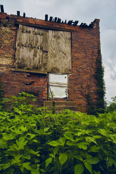 Bâtiment abandonné en brique orange s'effondrant avec des vignes et entouré de buissons verts — Photo