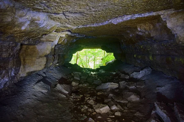 Cave tunnel looking at opening into green forest light — Stock Photo, Image