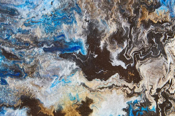 Colorful acrylic pouring on canvas with black, blue, silver, and gold — Stock Photo, Image