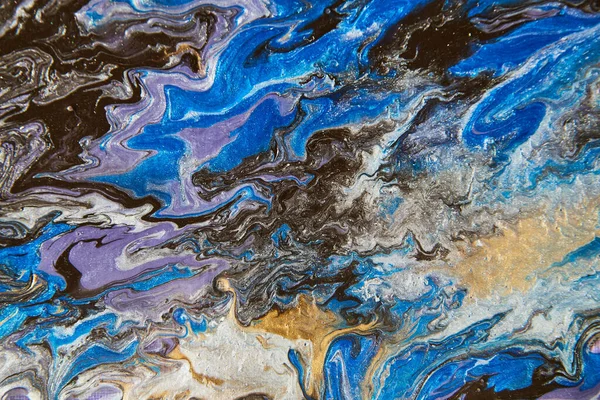 Texture of canvas painting using acrylic pouring with blue, black, purple, and gold — Stock Photo, Image