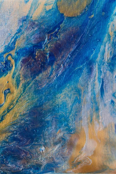 Acrílico derramando textura de pintura de blues e ouro — Fotografia de Stock