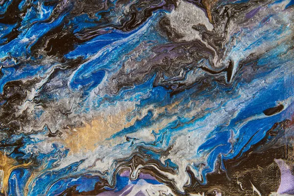 Texture of canvas with acrylic pouring of blues, golds, and blacks — Stock Photo, Image