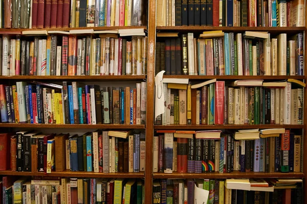 Pared de estanterías en librería llena de libros — Foto de Stock