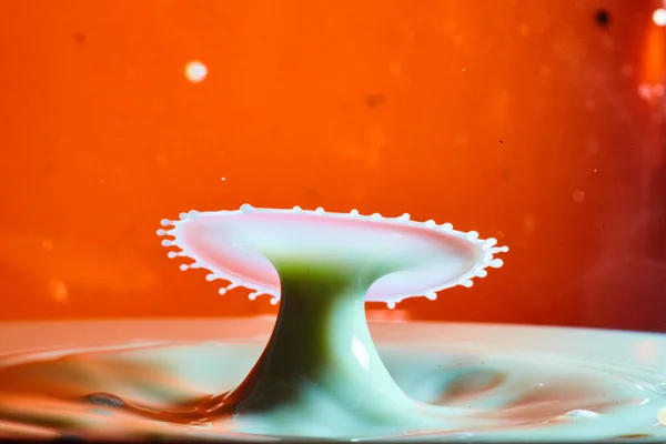 Zelená stonek vody kapka houba s bílou střechou a mléčně bílé dno na oranžovém pozadí — Stock fotografie