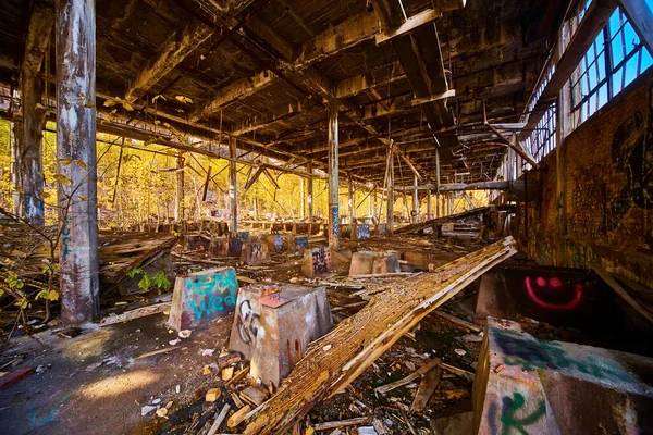 Verlassenes Gebäude mit gelbem Wald, sichtbar von den Mauern, die verschwunden sind, und überall Trümmer — Stockfoto