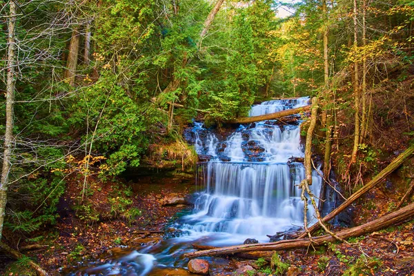 Величні водоспади, що обриваються річковими шарами в лісі поблизу осені — стокове фото