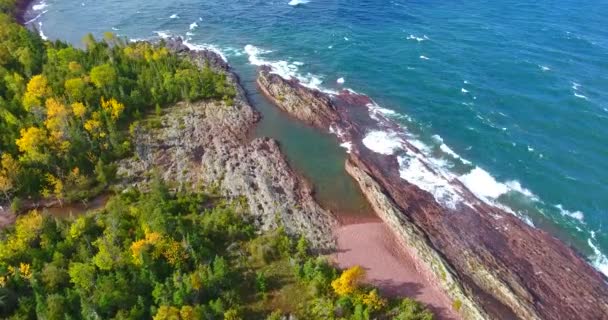 Aérea de cerca en la costa de la pequeña isla con olas del lago y árboles caídos — Vídeo de stock