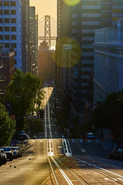 Immagine Luce Dorata San Francisco Strada Dei Grattacieli Con Oakland — Foto Stock