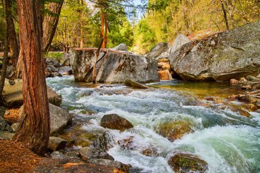 Güzel Yosemite nehirlerinin dev kayaların üzerinde dalgalanırken görüntüsü