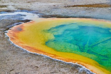 Yellowstone havuzlarının mavi ve sarı alkali sularının görüntüsü