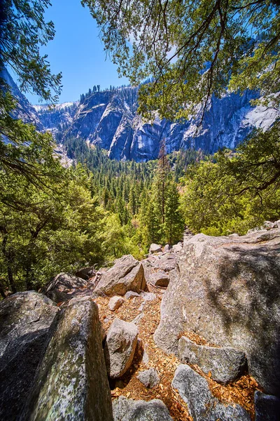 Immagine Bella Vista Delle Montagne Yosemite Affioramento Massi Attraverso Alberi — Foto Stock