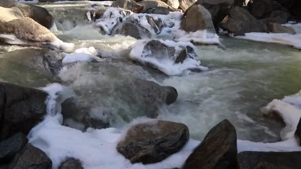Video Río Helado Fluyendo Con Rocas Cubiertas Espesa Helada Yosemite — Vídeo de stock