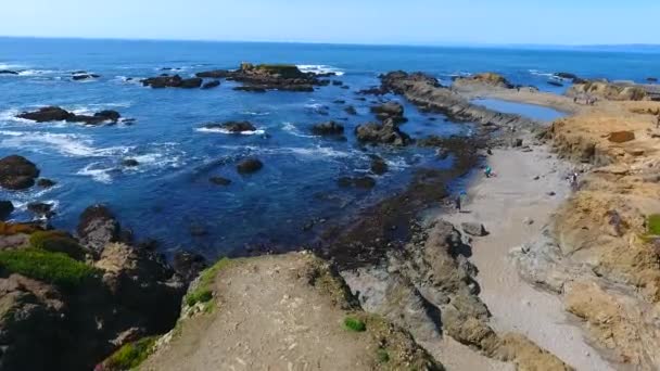 Video Playa Americana Aérea Sobre Costa Rocosa Con Turistas Explorando — Vídeos de Stock