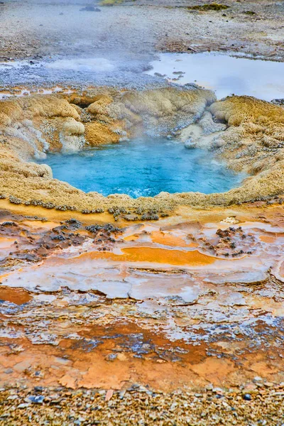 黄石盆地深蓝色间歇泉周围的彩色地层图像 — 图库照片