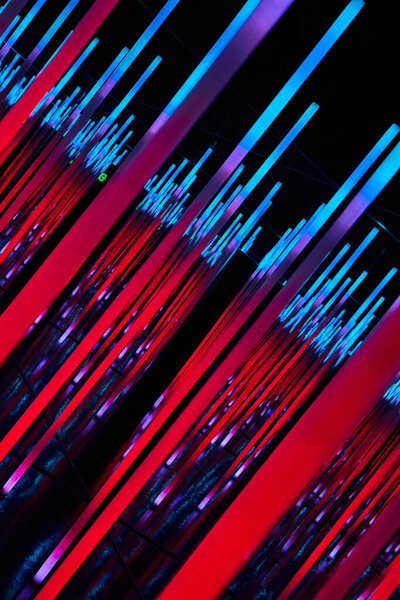 Image of Angled and abstract LED neon lights in blue and red
