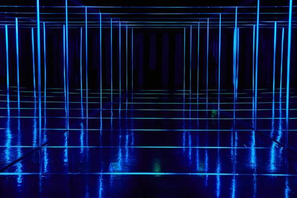 Image Mirror Walkway Lined Blue Neon Lights — 图库照片