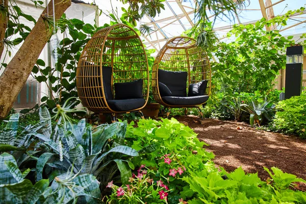 Image Two Chairs Peacefully Sitting Lush Gardens Greenhouse — 스톡 사진