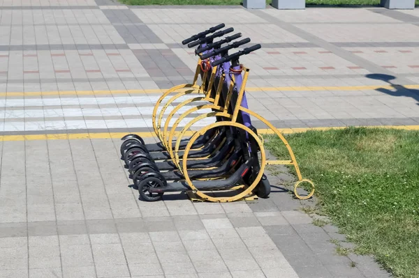 Scooters Algumas Peças Estão Estacionamento Especial Para Alugar Foto Alta — Fotografia de Stock