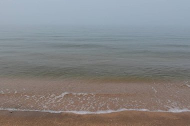 Kışın Azov Denizi 'nin deniz kabuğu sahilinde sisli bir sabah.
