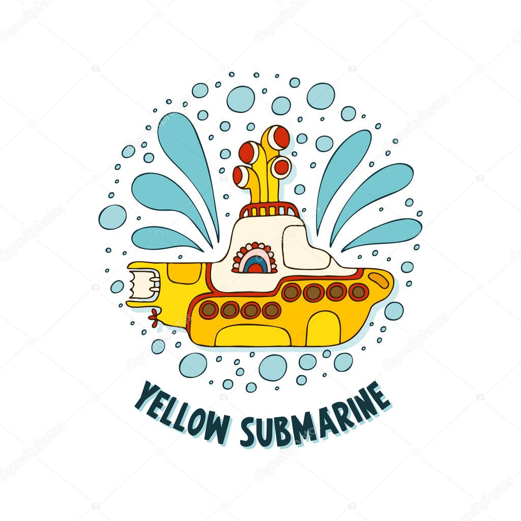 Yellow submarine in doodle style. Hand drawn logo with lettering.