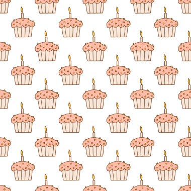 El çizimi pürüzsüz desen. Doodle tarzı. Kutlama elementleri. Mumlu kek. Beyaz arka plan. Vektör.