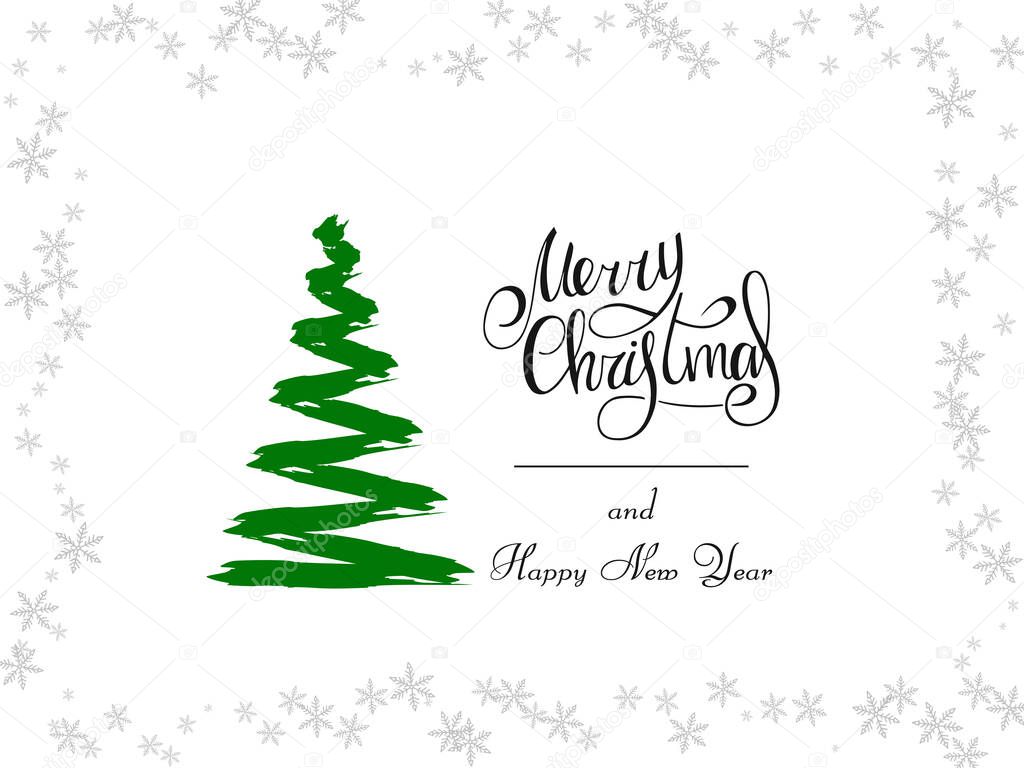 Handwritten black lettering on a white background. Magic green Christmas tree made of brush strokes with gray snowflakes. Merry Christmas and Happy New Year 2022.