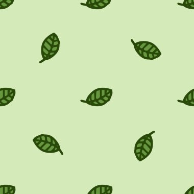 Kusursuz desen. Doodle tarzı el çizimi. Doğa elementleri. Vektör çizimi. Yeşil arkaplanda yeşil yapraklar.