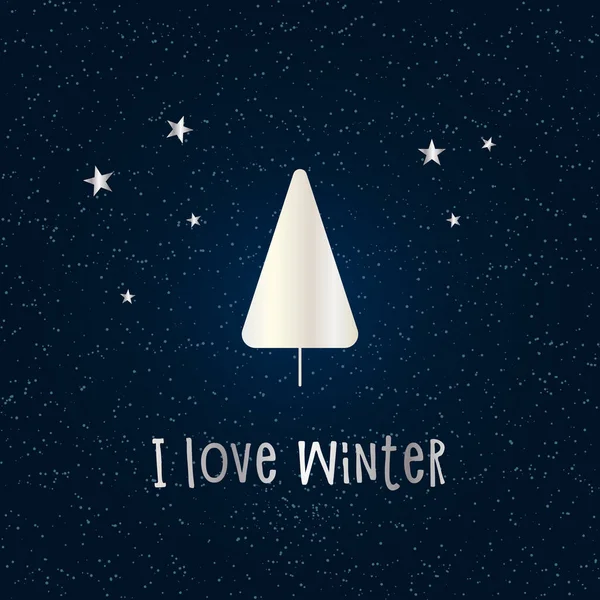 Silberne Silhouette Eines Weihnachtsbaums Mit Schnee Und Sternen Auf Dunkelblauem — Stockvektor