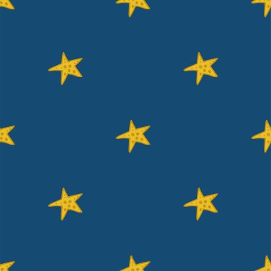 Kusursuz desen. Doodle tarzı el çizimi. Doğa elementleri. Vektör çizimi. Koyu mavi arkaplanda sarı yıldızlar.