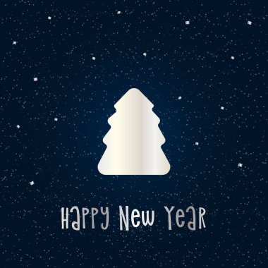 Koyu mavi arkaplanı karla kaplı bir Noel ağacının gümüş silueti. Mutlu Noeller ve mutlu yıllar 2022. Vektör illüstrasyonu.
