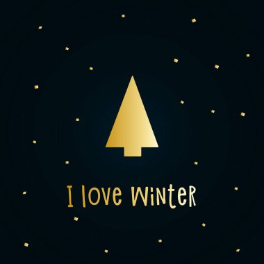 Koyu mavi arkaplanı karla kaplı bir Noel ağacının altın silueti. Mutlu Noeller ve mutlu yıllar 2022. Vektör çizimi. Kışı severim..