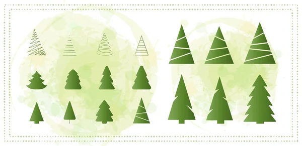 Christmas Trees Set Green Icons Merry Christmas Happy New Year — Stock Vector